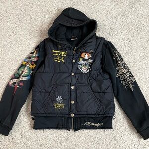Boys ED HARDY DESIGNS Black 2 in 1 TIGER Vest HOODIE Embroidered DESIGNER JACKET
